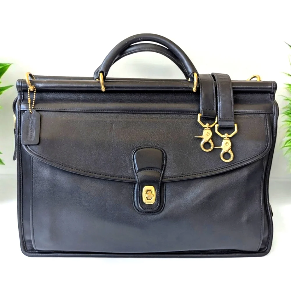 Coach Vintage Lenox Black Leather Briefcase with Gold Accents - Picture 1 of 16